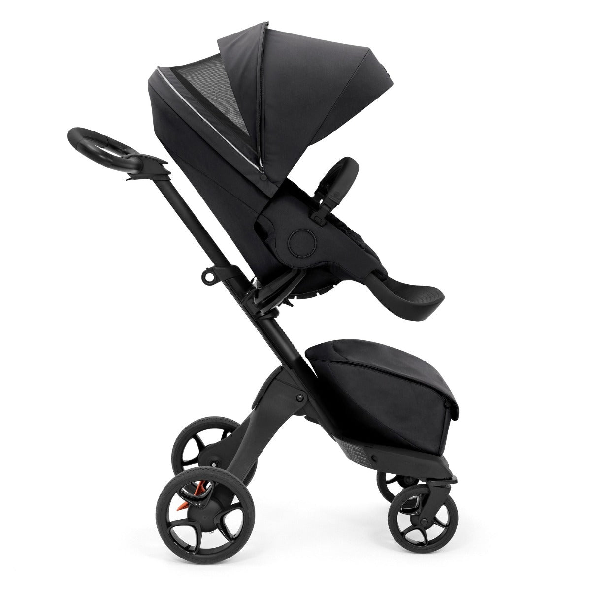 Stokke Xplory X in Rich Black side view forward facing with hood vent open