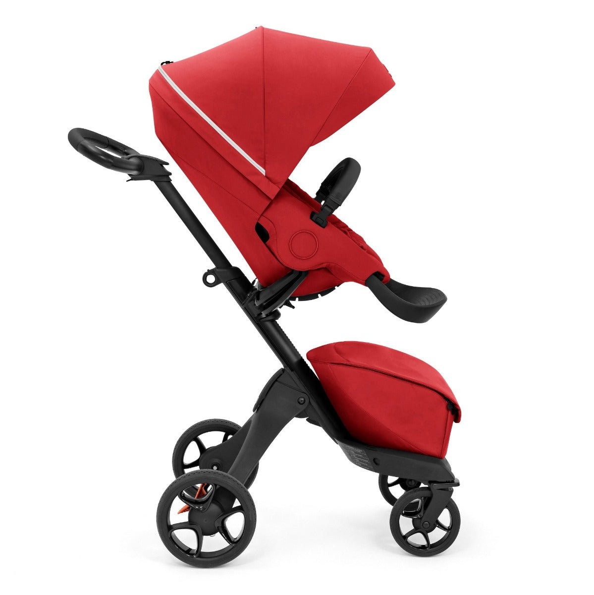 Stokke Xplory X stroller in Ruby Red Forward facing side view