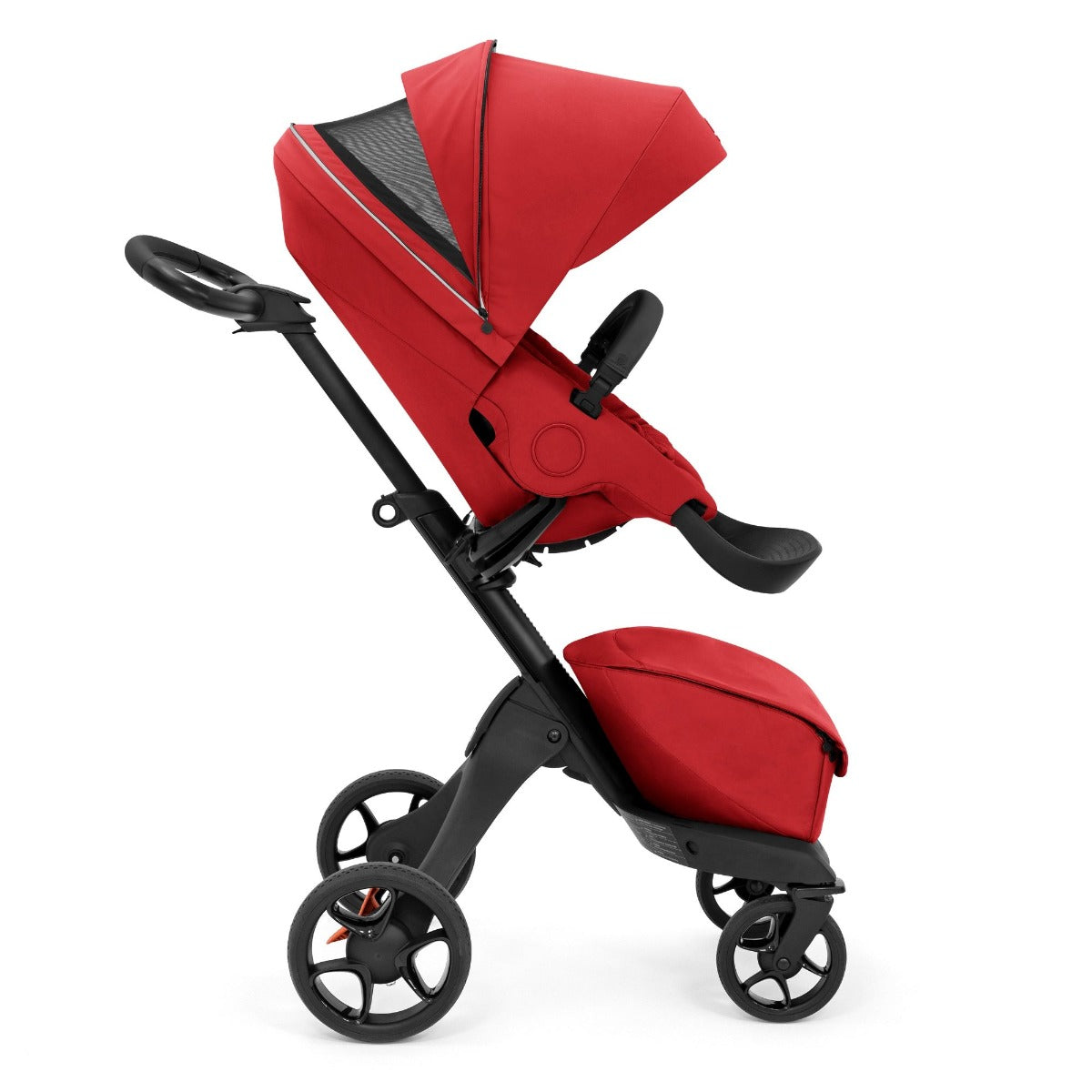 Stokke Xplory X stroller in Ruby Red Forward facing side view with hood vent open