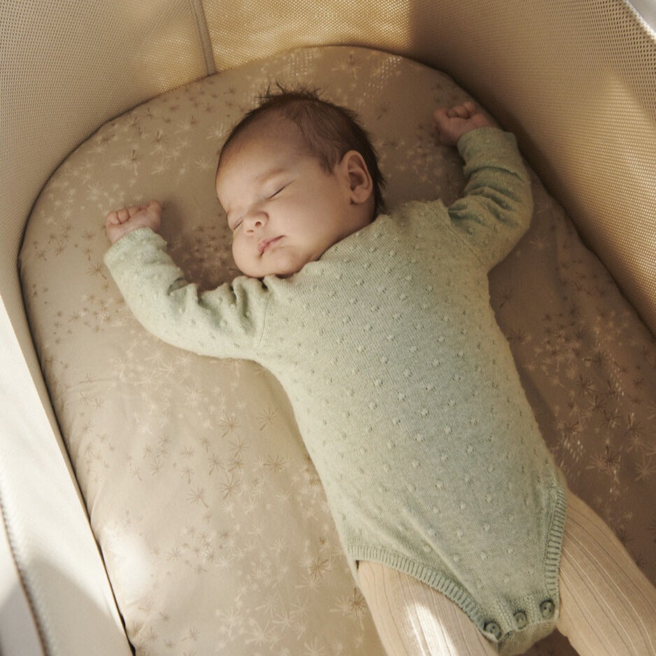 Baby sleeping in Snoozi baby portable bassinet from Stokke