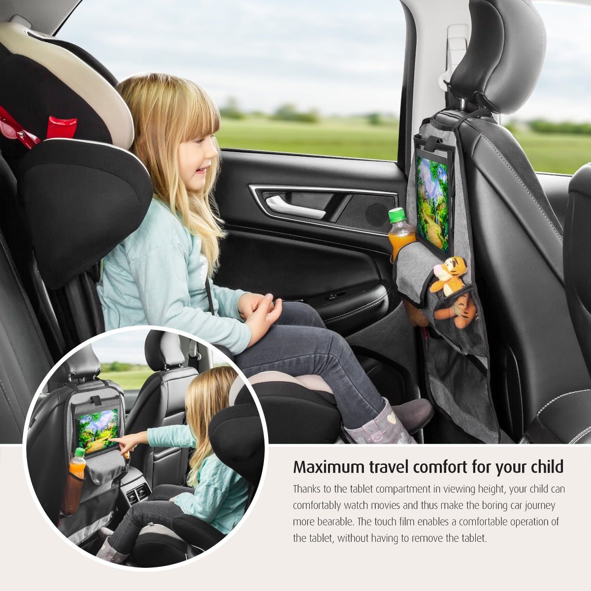 travel kid entertain organizer by reer with tablet compartment and happy kid on car seat