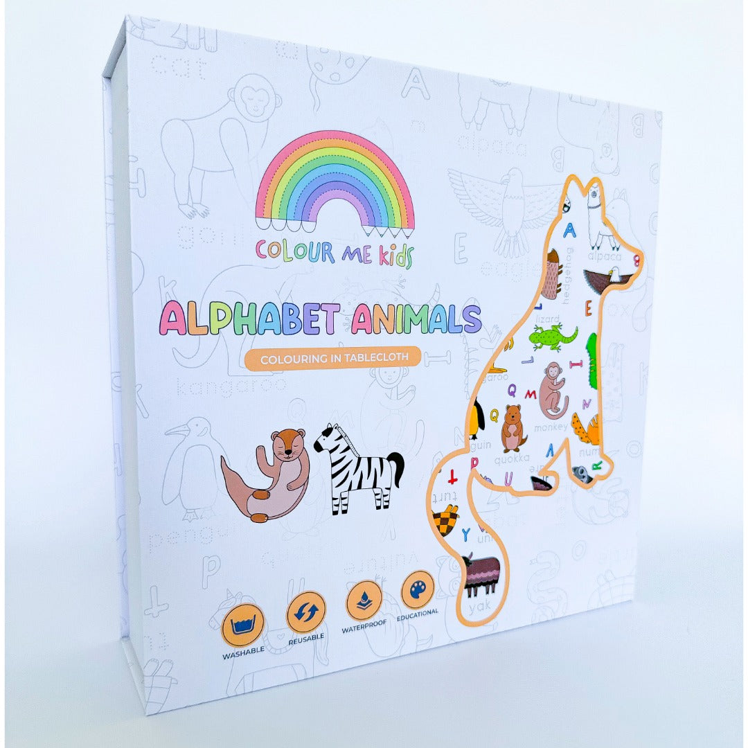 Colouring in Tablecloth Set - Washable Alphabet Animals 140 x 180cm - Colour Me Kids