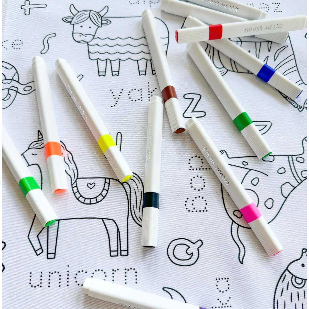 Colouring in Tablecloth Set - Washable Alphabet Animals 140 x 180cm - Colour Me Kids