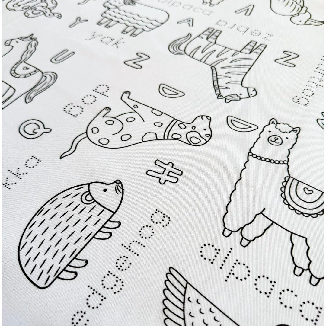 Colouring in Tablecloth Set - Washable Alphabet Animals 140 x 180cm - Colour Me Kids