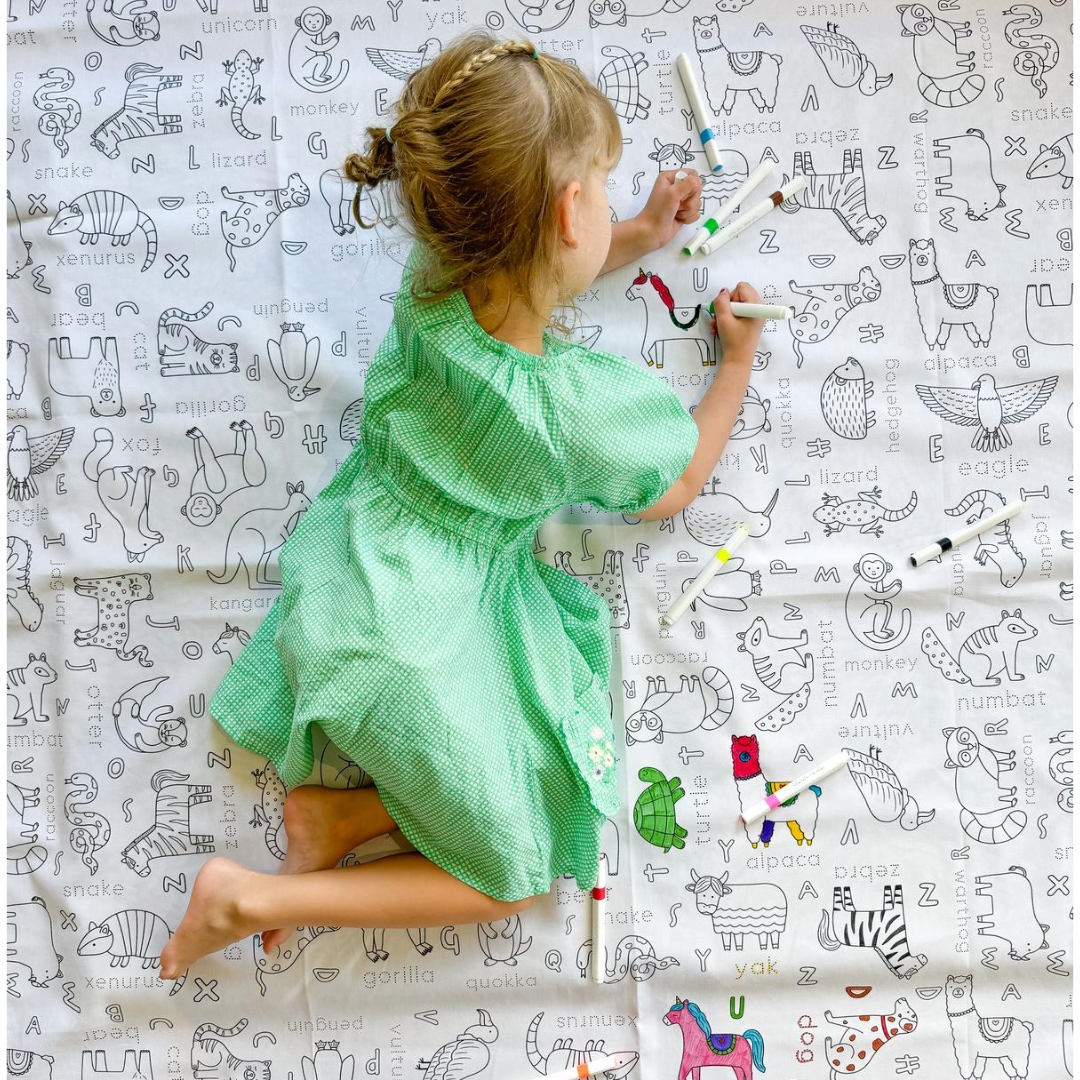 Colouring in Tablecloth Set - Washable Alphabet Animals 140 x 180cm - Colour Me Kids