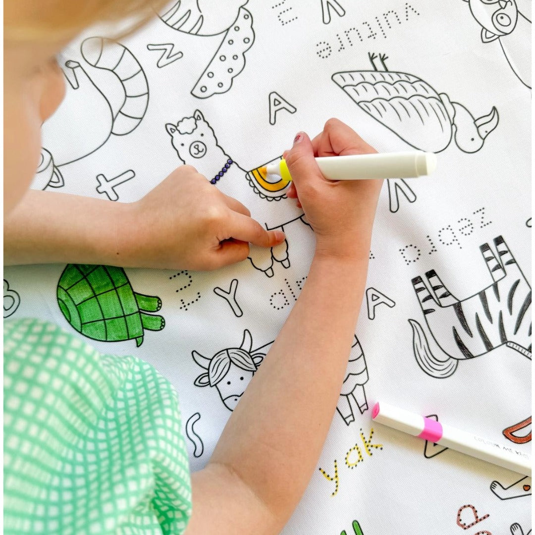 Colouring in Tablecloth Set - Washable Alphabet Animals 140 x 180cm - Colour Me Kids