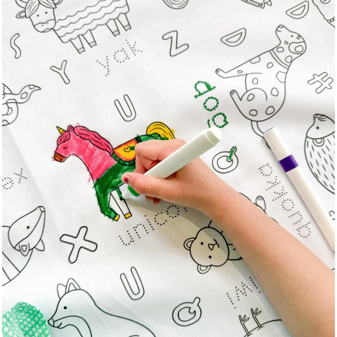 Colouring in Tablecloth Set - Washable Alphabet Animals 140 x 180cm - Colour Me Kids