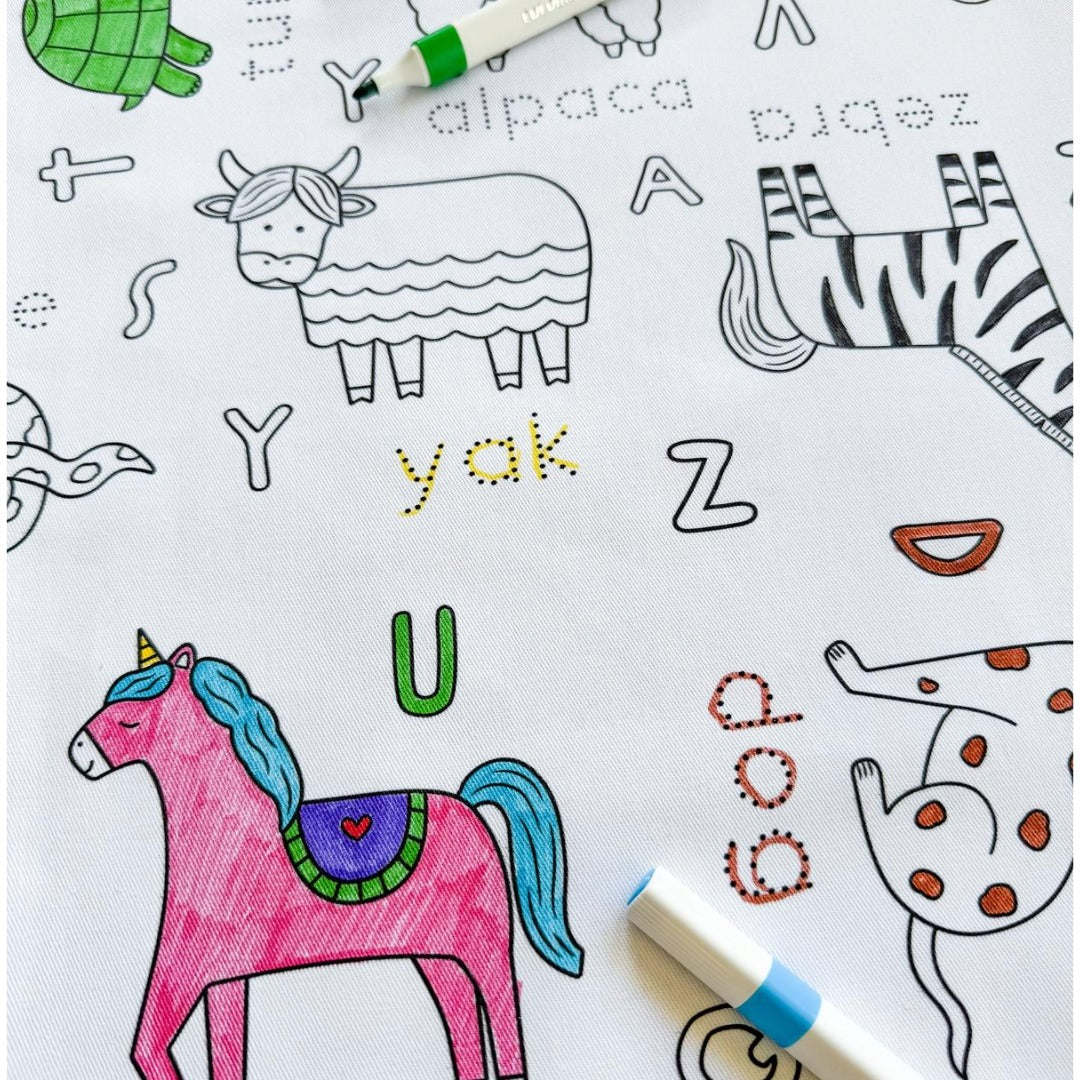 Colouring in Tablecloth Set - Washable Alphabet Animals 140 x 180cm - Colour Me Kids