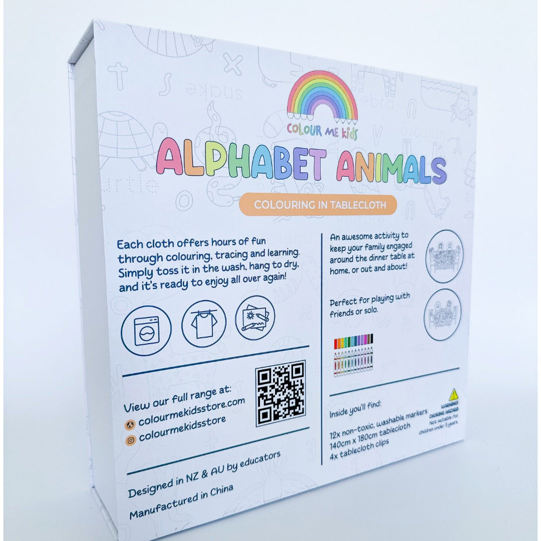 Colouring in Tablecloth Set - Washable Alphabet Animals 140 x 180cm - Colour Me Kids