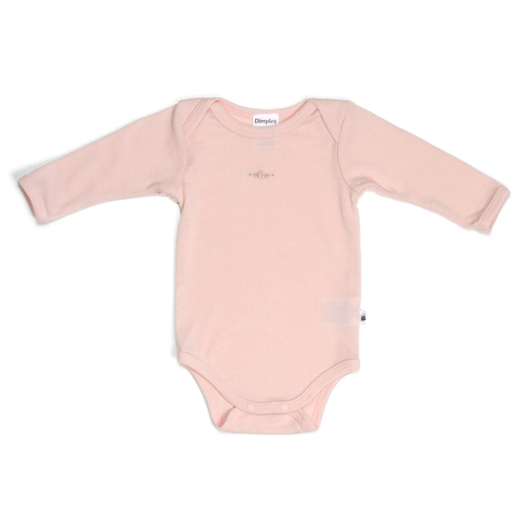 Merino Long Sleeve Bodysuit 12mth Petal Pink - Dimples