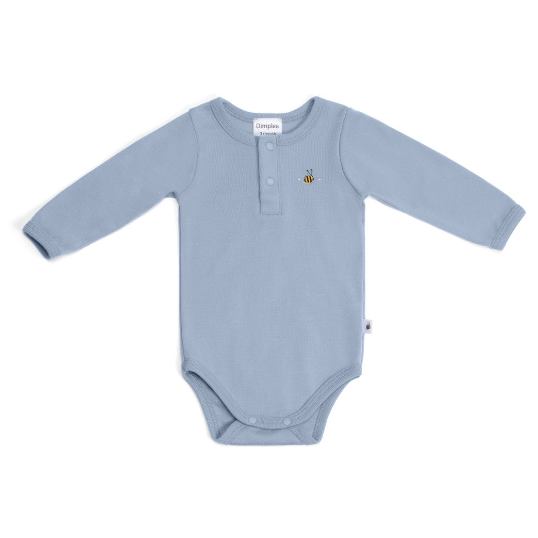 Merino Placket Bodysuit 12mth Alpine Blue - Dimples