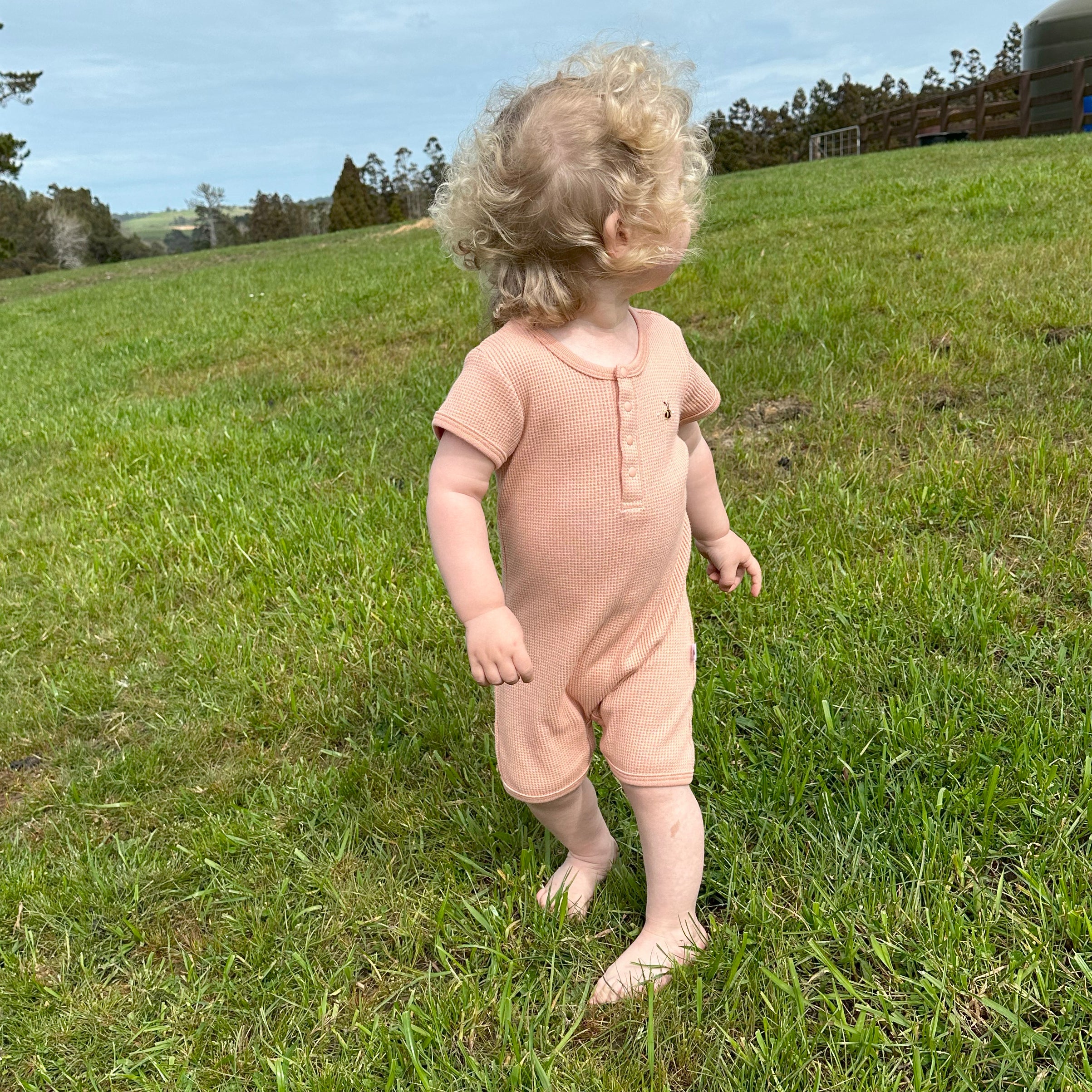 Waffle Cotton Placket Romper 12mth Clay - Dimples