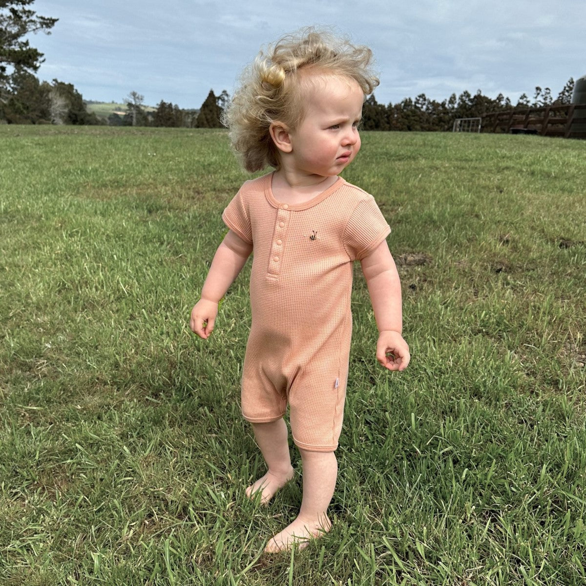 Waffle Cotton Placket Romper 12mth Clay - Dimples