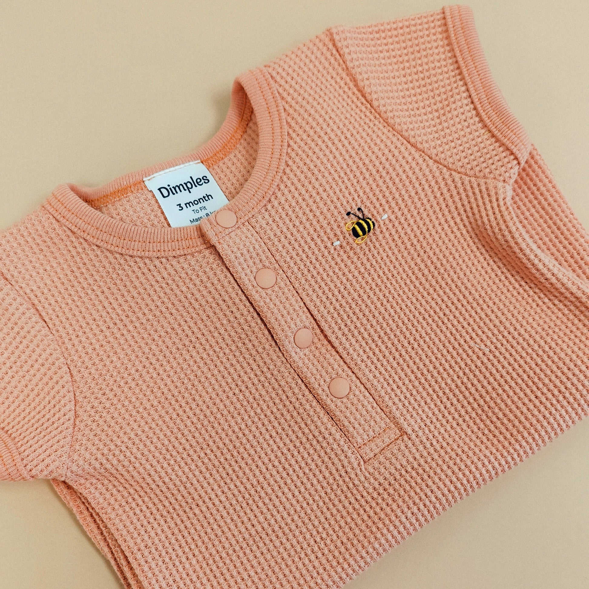 Waffle Cotton Placket Romper 12mth Clay - Dimples