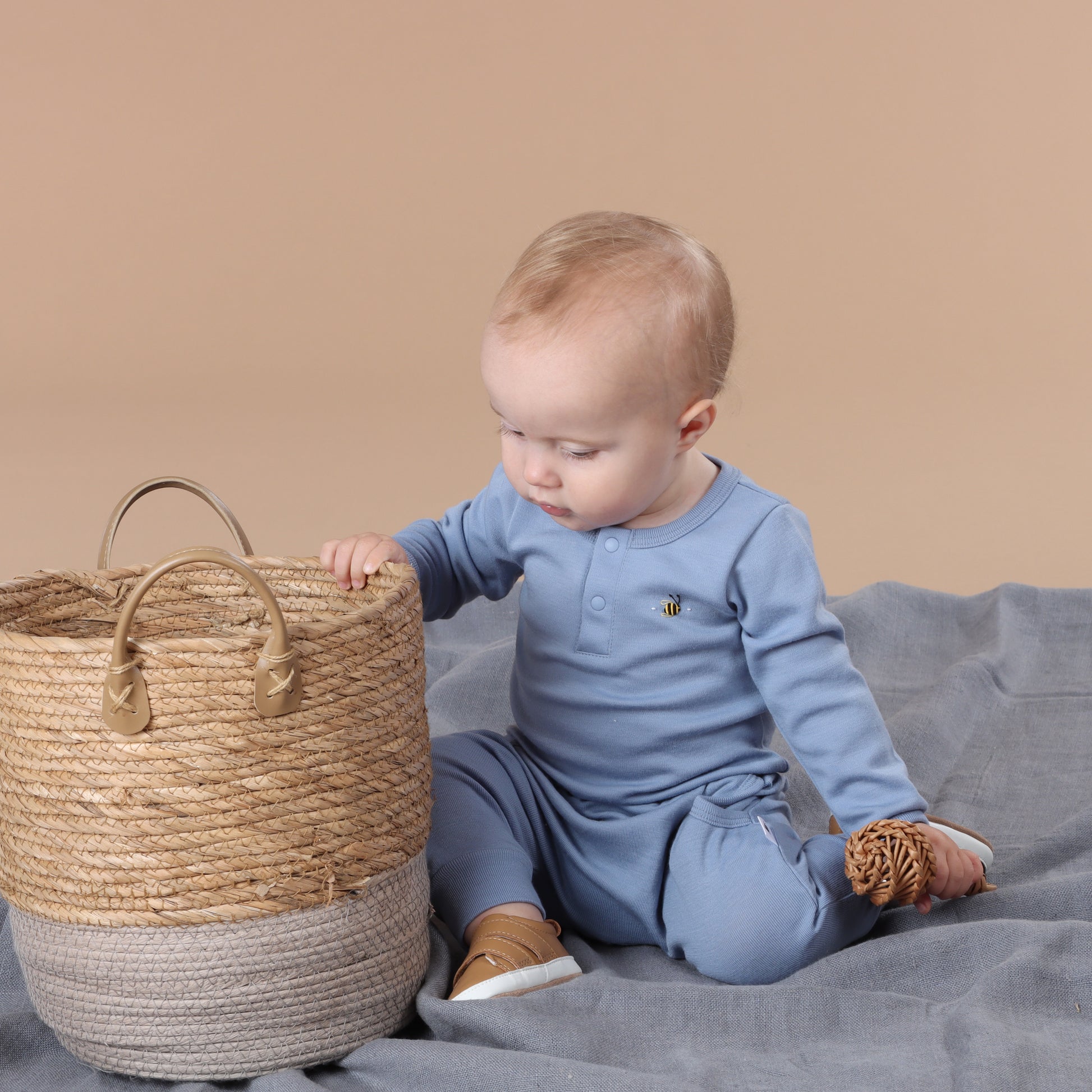 Merino Placket Bodysuit 12mth Alpine Blue - Dimples