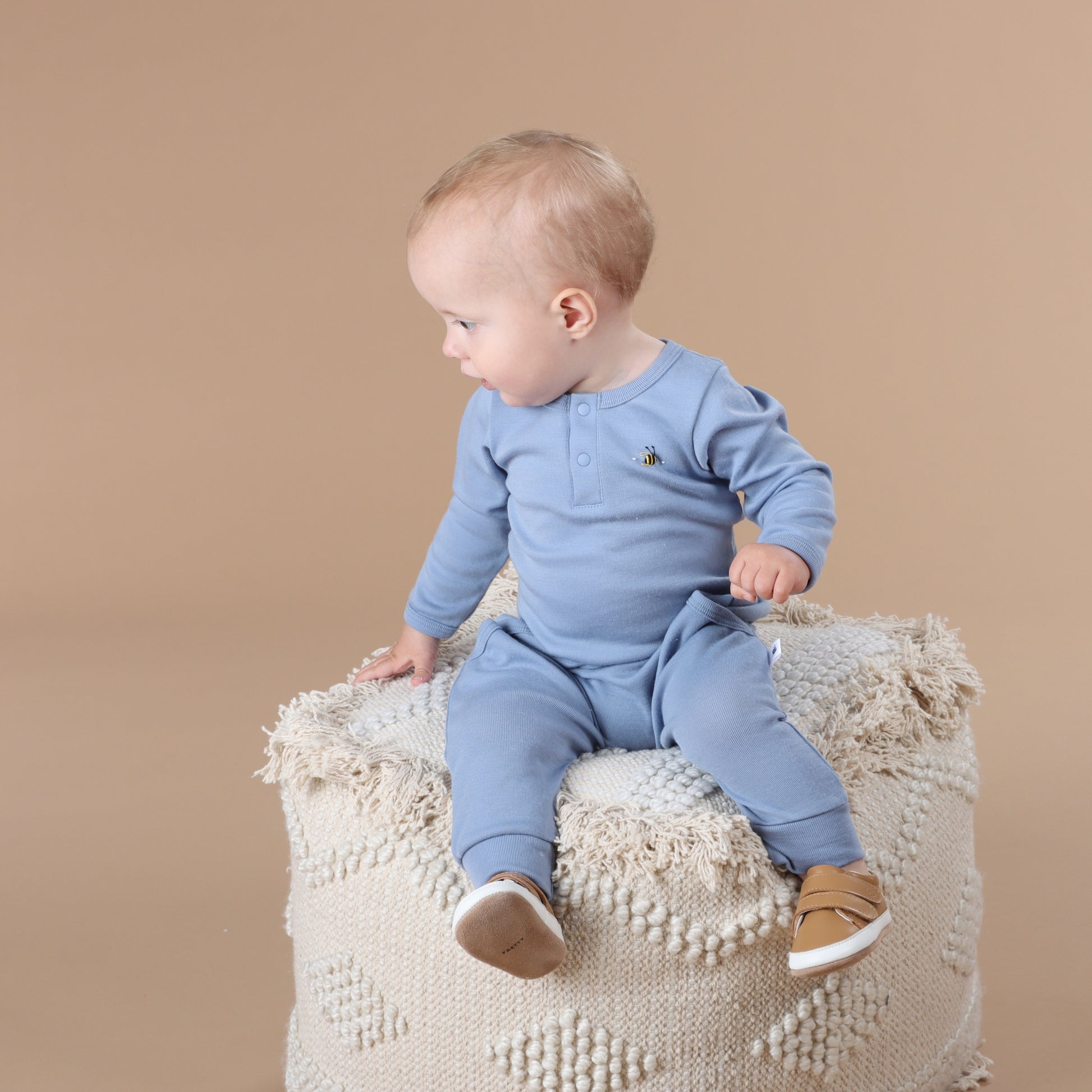 Merino Placket Bodysuit 12mth Alpine Blue - Dimples