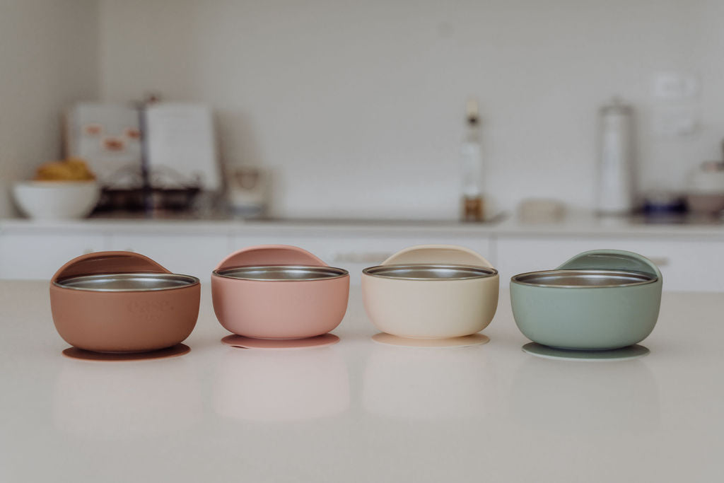 Baby Stainless Steel Suction Bowl with Lid Tan - Ease.Baby