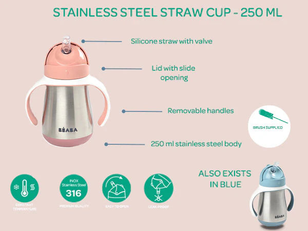 Beaba Stainless Steel Straw Cup Pink 250ml - Beaba