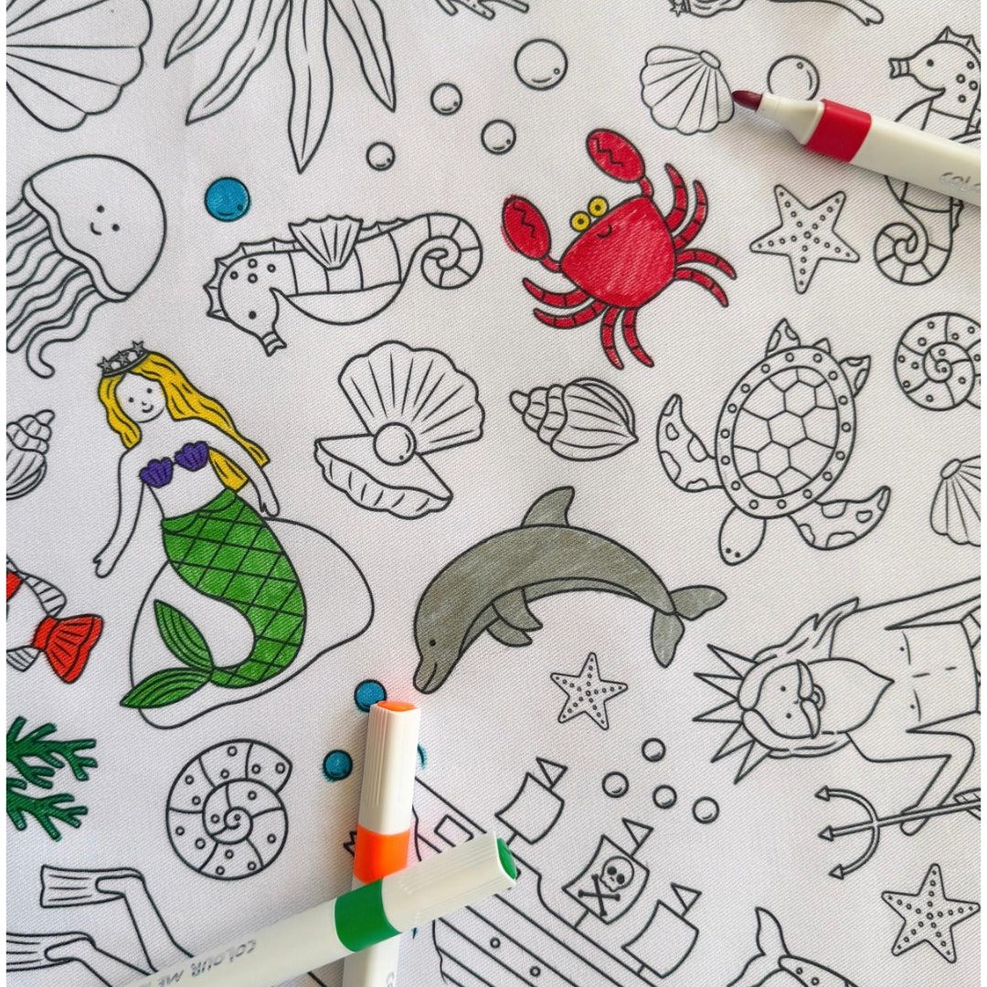 Colouring in Tablecloth Set - Washable Tidal Treasures 140 x 180cm - Colour Me Kids