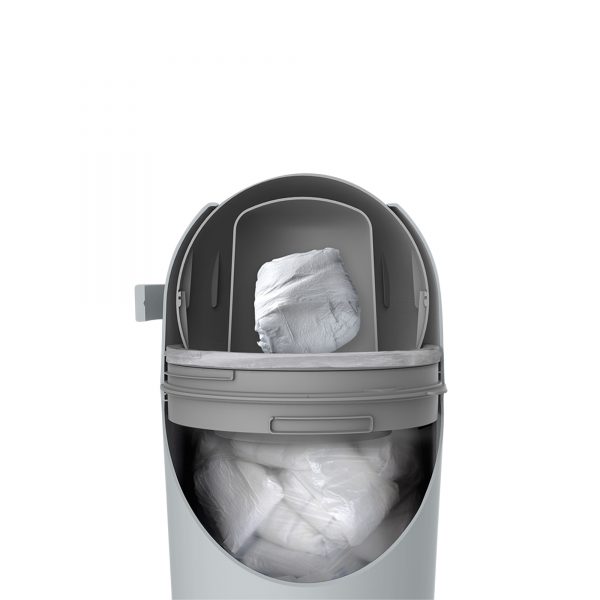 Babyrest Aster Nappy Bin in Grey colour with refill bag side view.