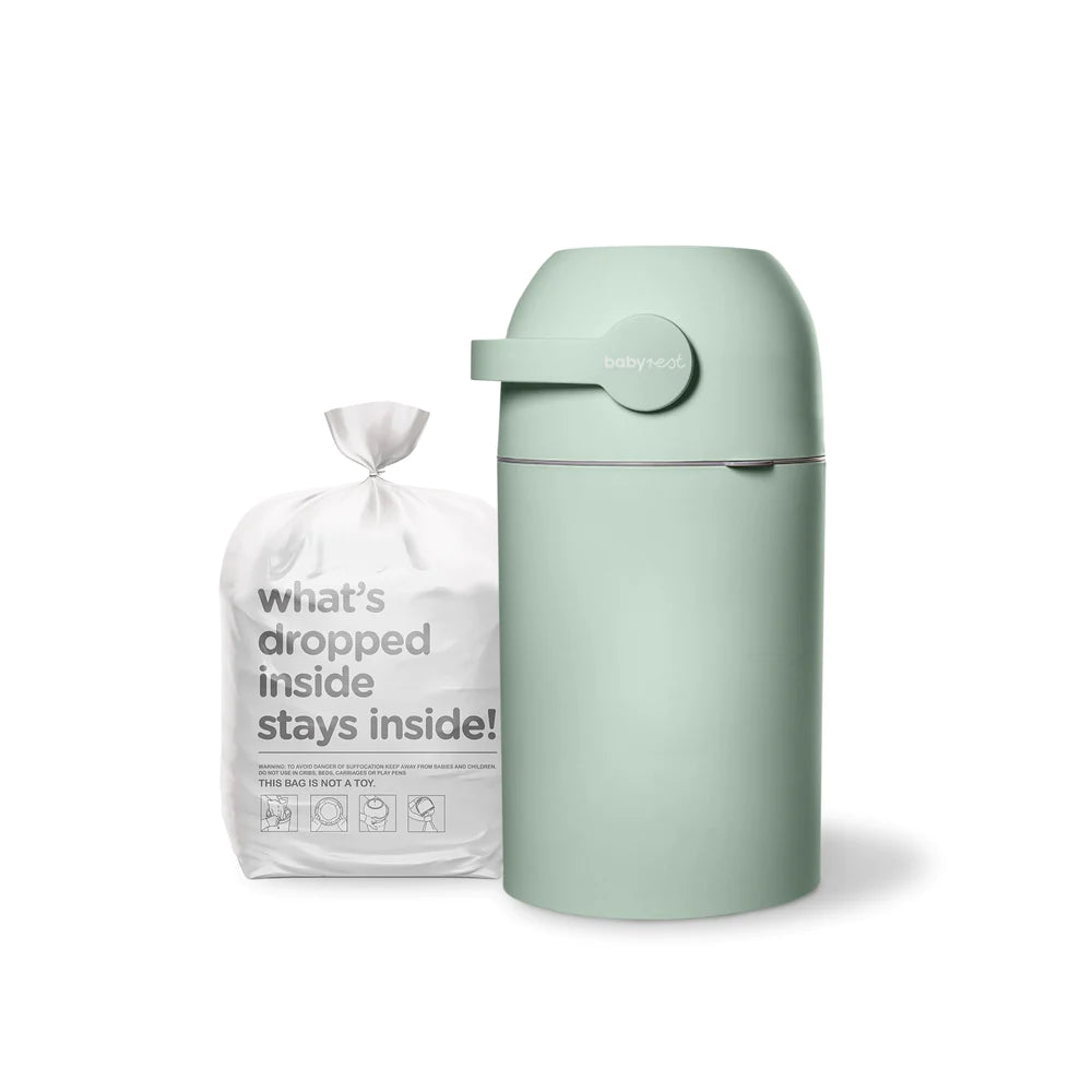 Babyrest baby Aster nappy bin in sage colour with handle and refill bag.