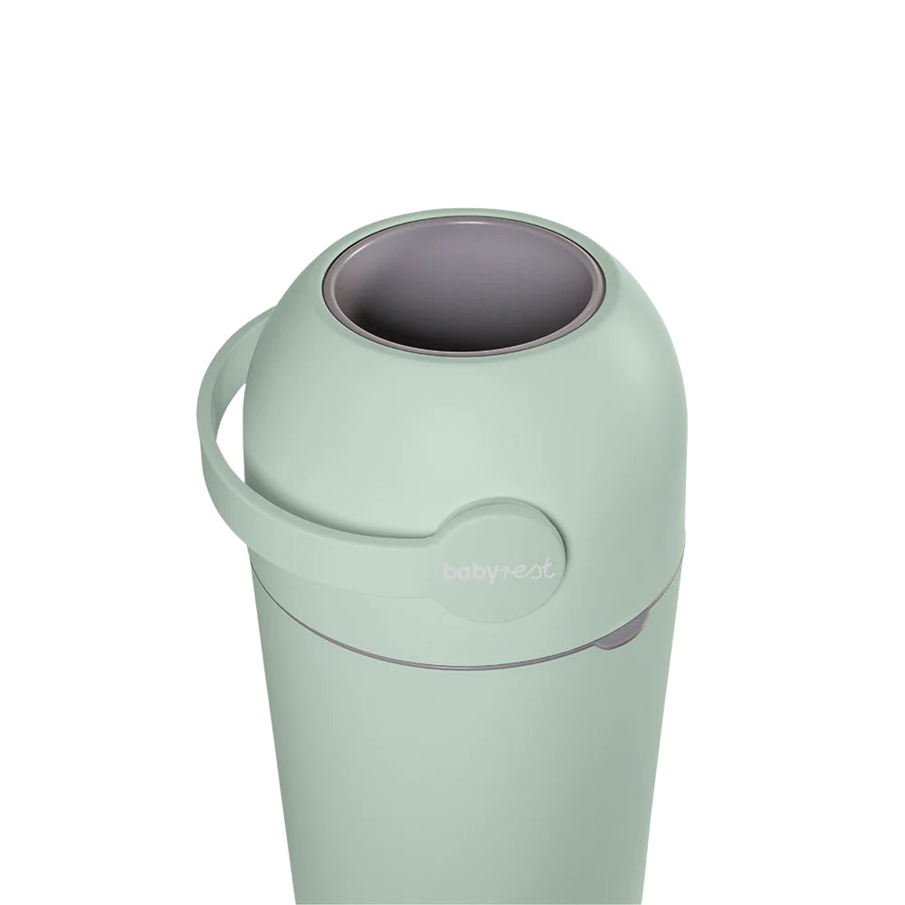 Babyrest baby Aster nappy bin in sage colour with handle top view.
