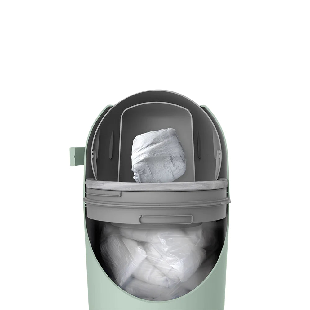 Babyrest baby Aster nappy bin in sage colour with handle opened.