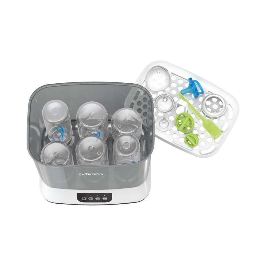 Dr Browns Electric Clean Steam Steriliser and Dryer opened with bottles inside