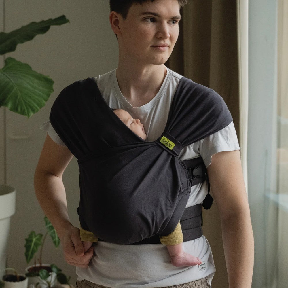 man holding baby with Boba Bliss Charcoal Baby Carrier