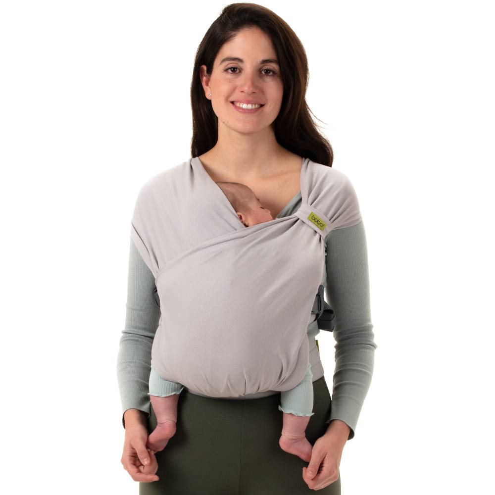 Lady holding baby cradled in Boba Bliss baby carrier in grey:image,small_image,thumbnail,swatch_image