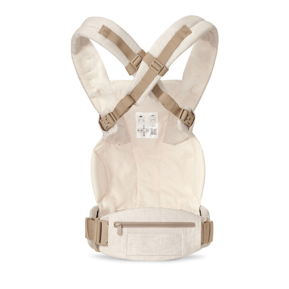 Rear view of linen baby carrier with pouch