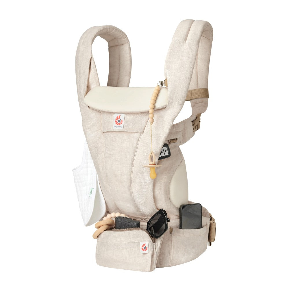 Front view of linen baby carrier with pouch