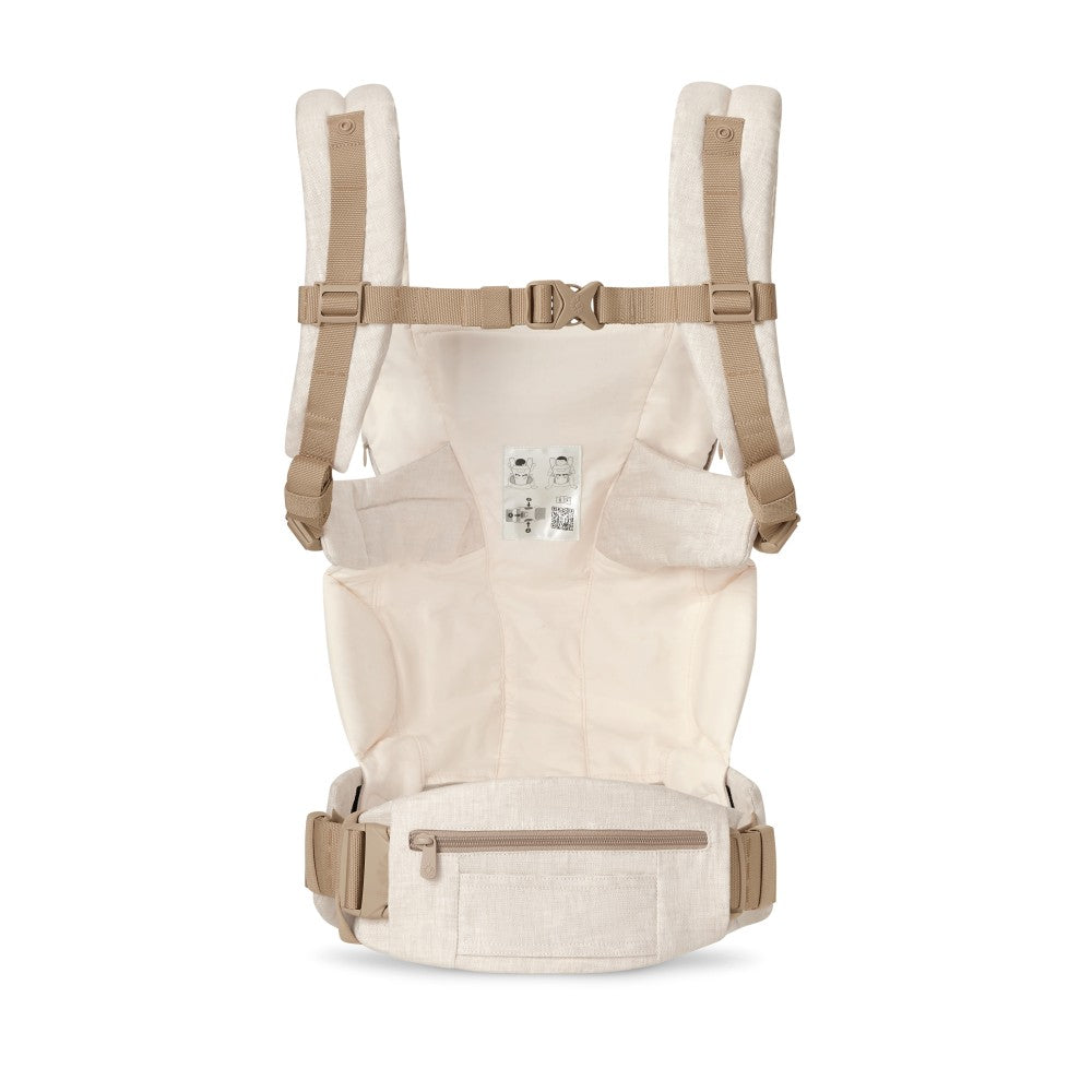 Rear view of linen baby carrier with pouch