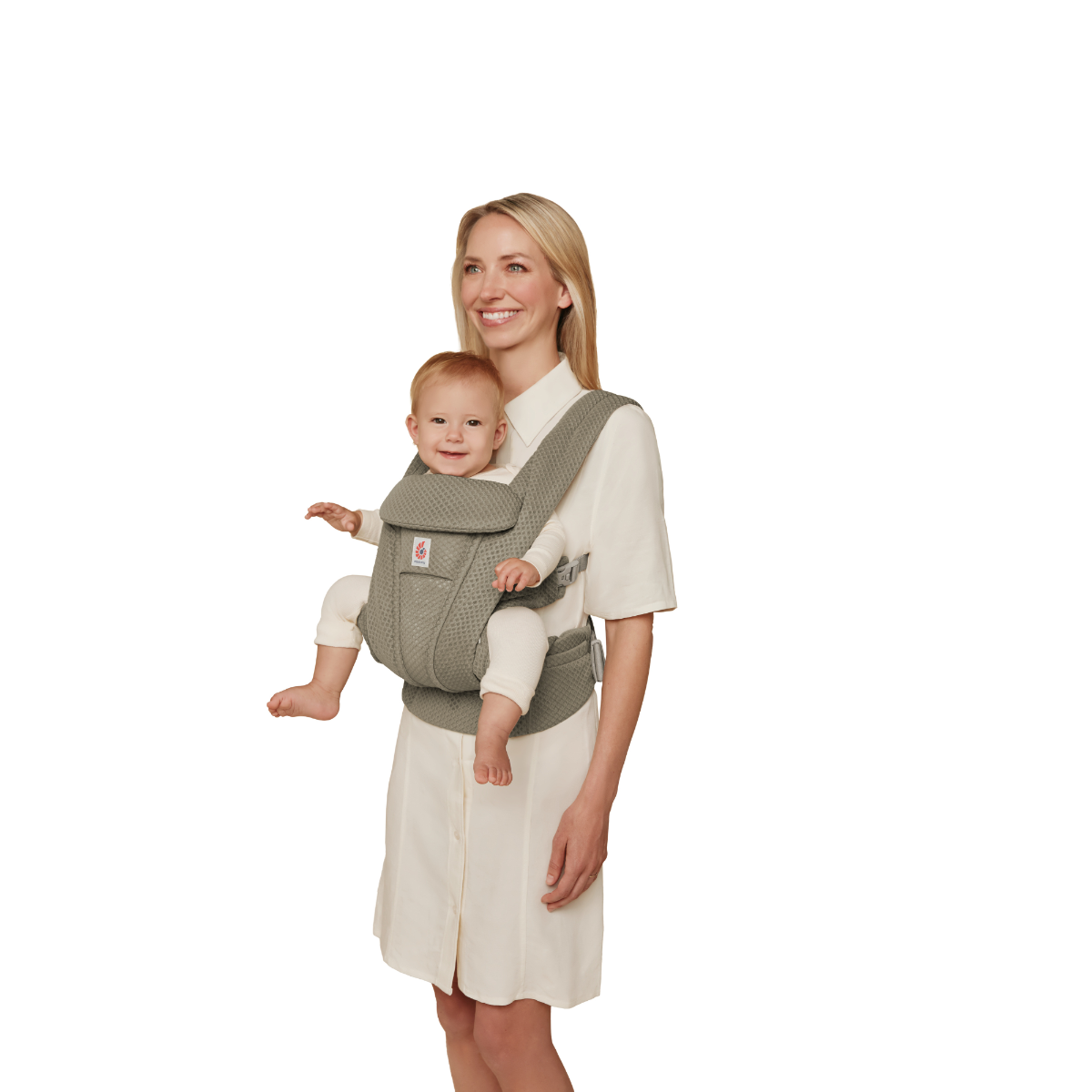 Front view Mother carrying baby in mesh breathable baby carrier