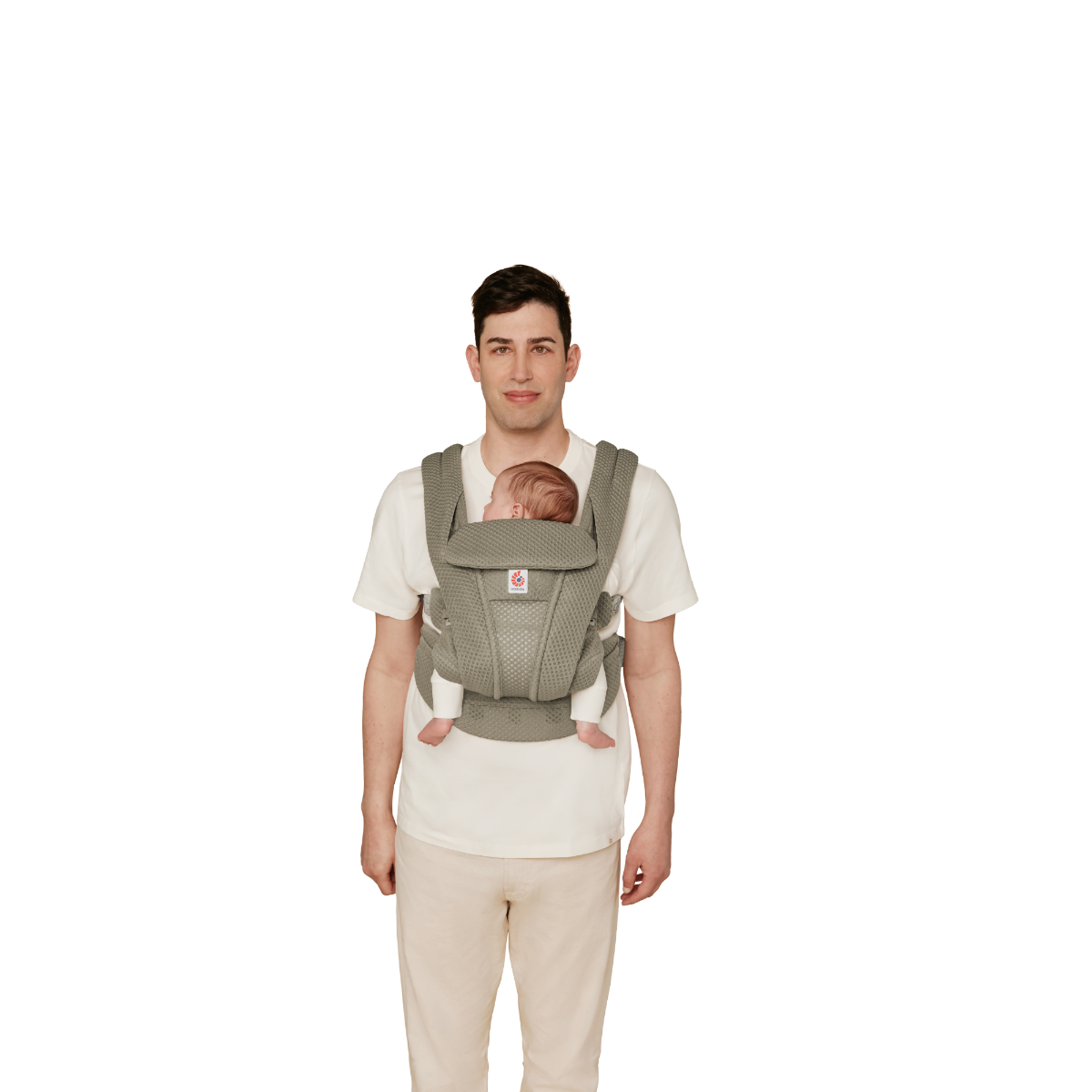 Front view of father carrying baby in a mesh breathable baby carrier