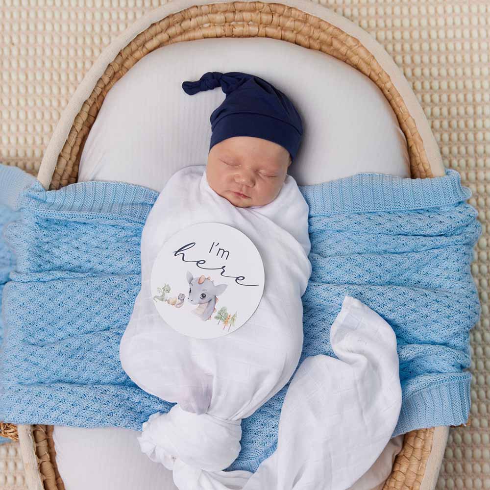 Baby sleeping in a basket with Snuggle Hunny Baby Blue Diamond Knit Baby Blanket around to warm 