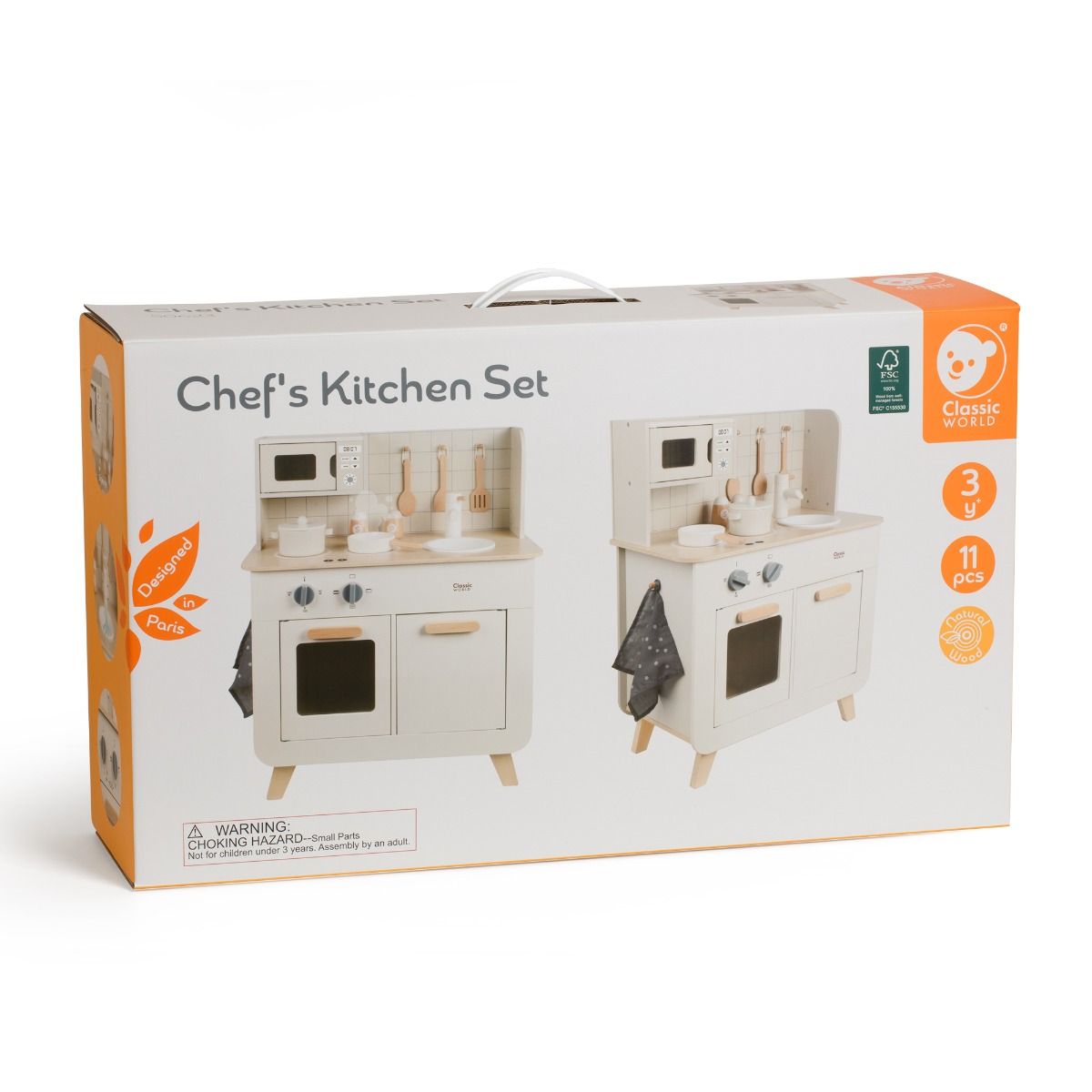 Wooden kitchen play set with all accessories in a box