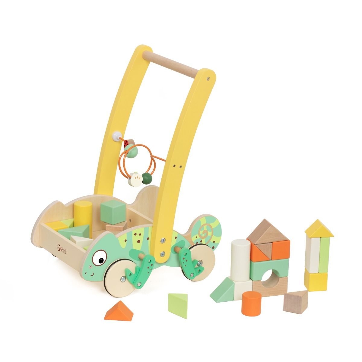 Chamelion wooden baby walker with buikding blocks