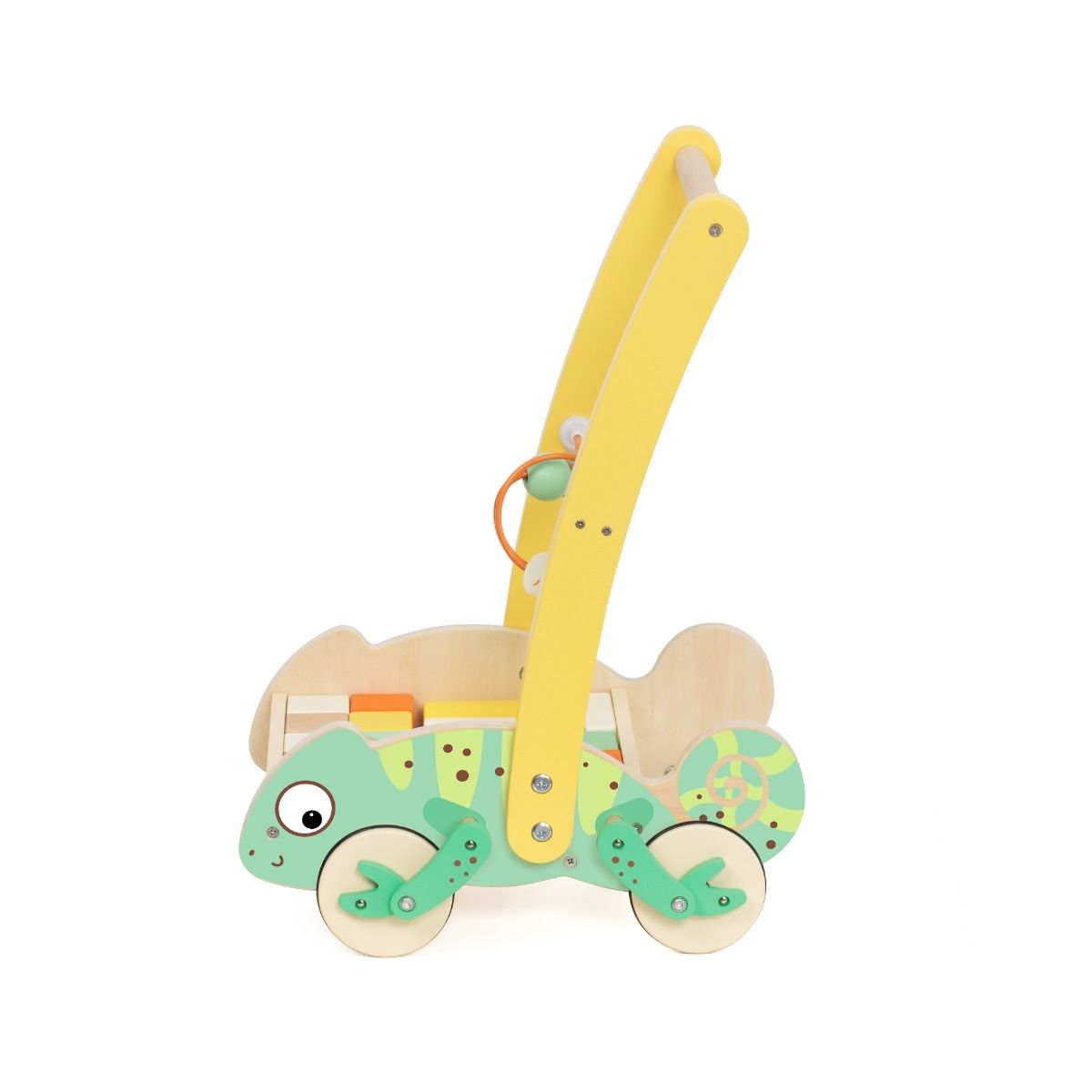 Chamelion wooden baby walker with buikding blocks side view