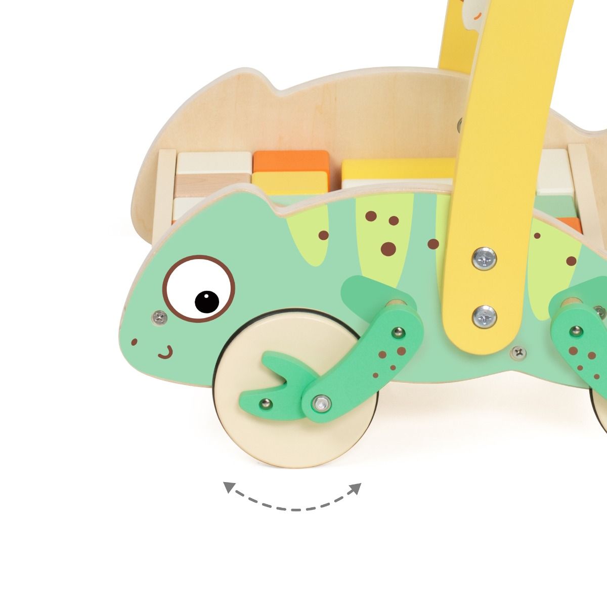 Chamelion wooden baby walker with buikding blocks side view