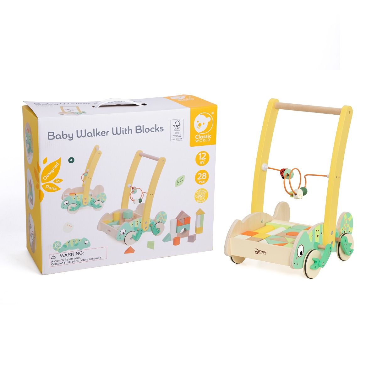 Chamelion wooden baby walker with buikding blocks in a box
