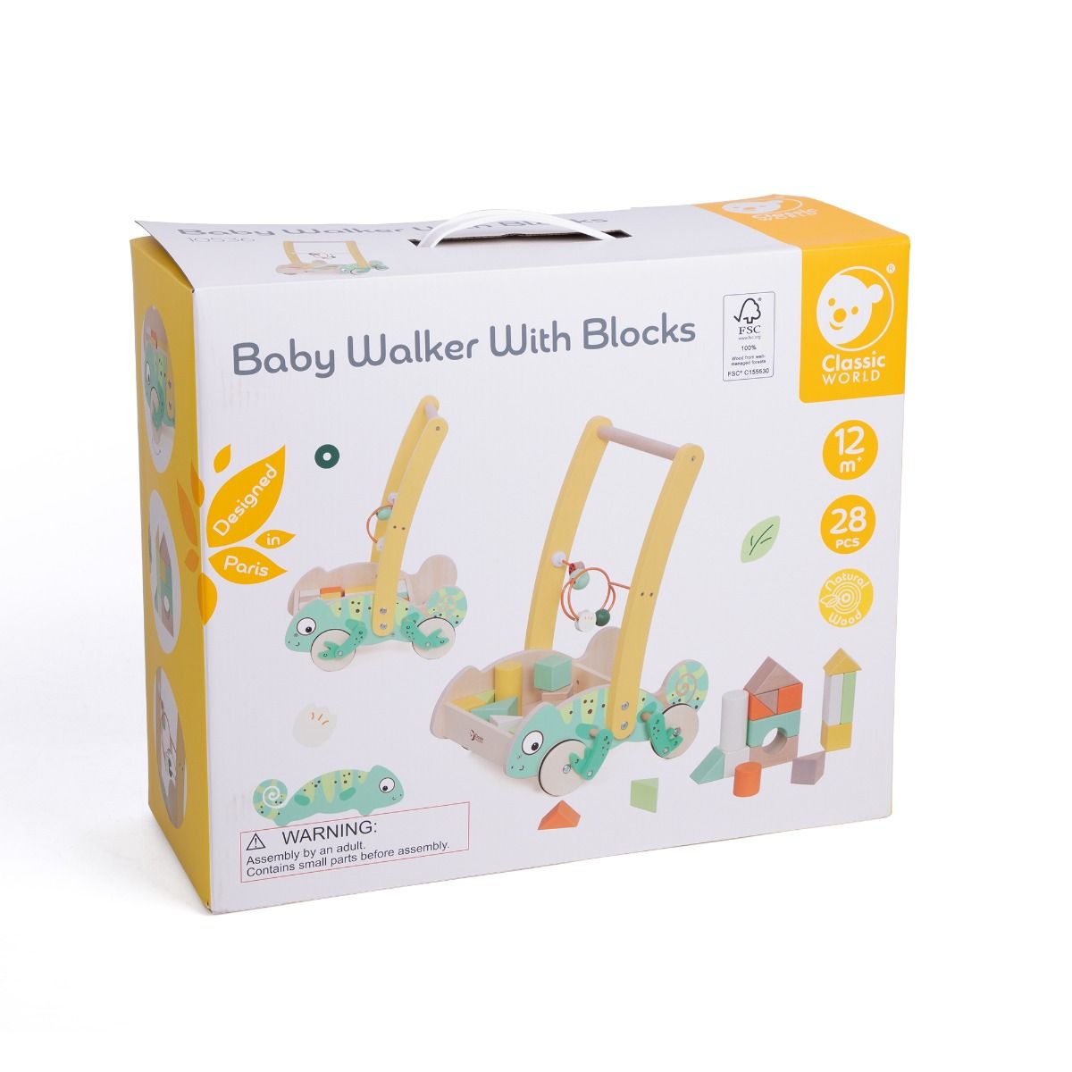 Chamelion wooden baby walker with buikding blocks in a box