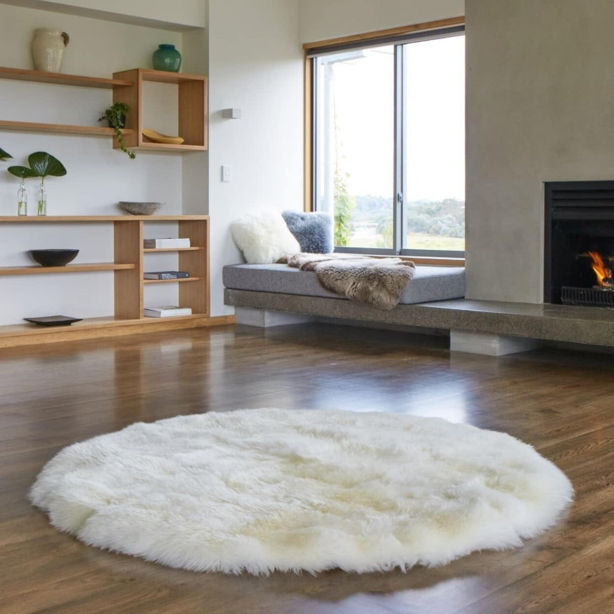 Classic New Zealand 1.5m Round sheepskin rug lifestyle