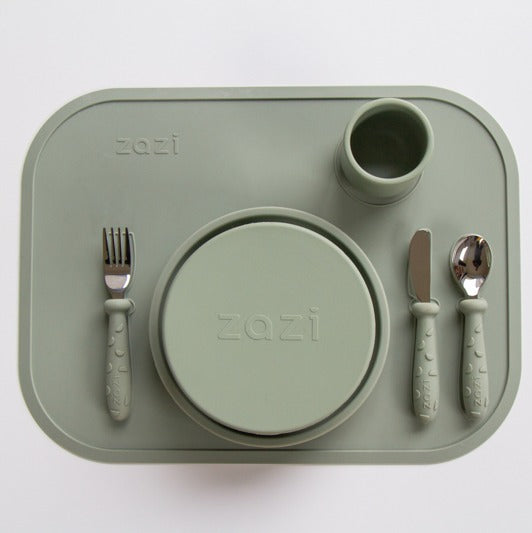 Baby feeding silicone mat with plate, cup and cutlery in sage