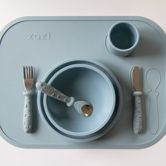 Baby feeding silicone mat in sky with cutlery, cup and bowl