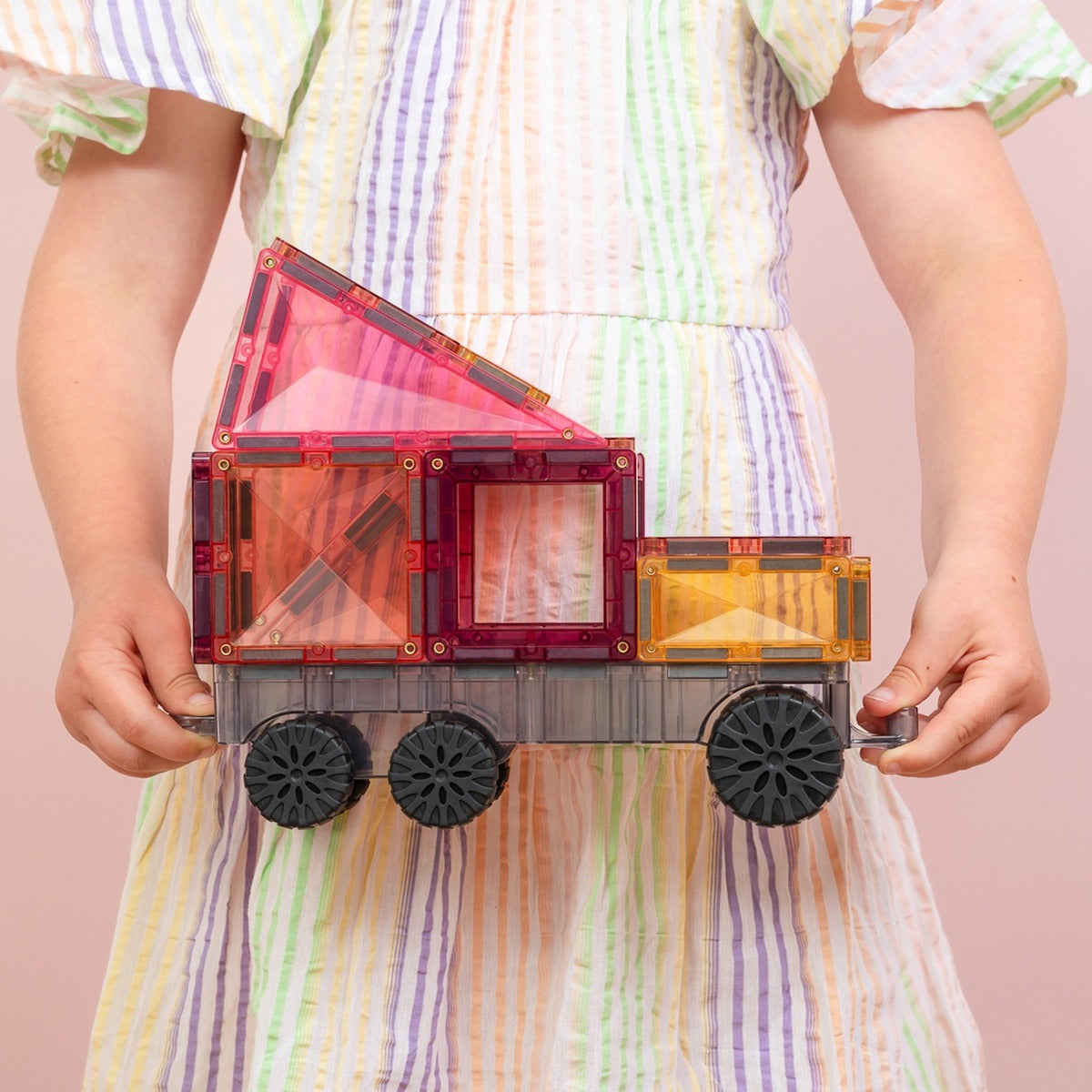 girl holding 50pcs Pastel Transport Tiles Pack box creation
