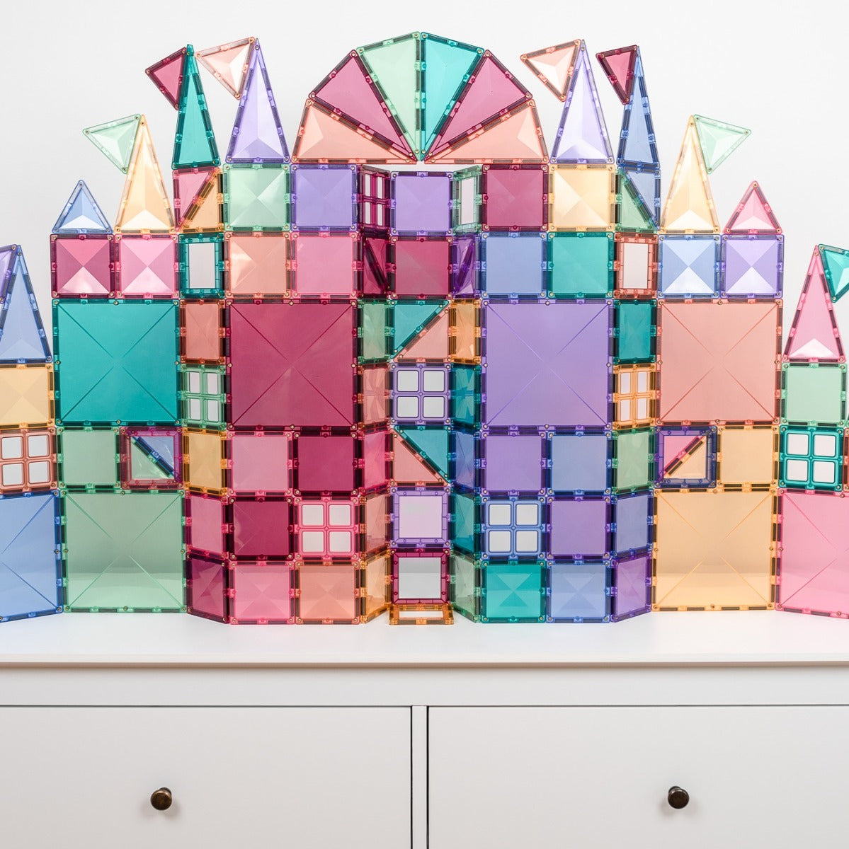 120pcs Pastel Creative Tiles Pack Castle on dresser closeup