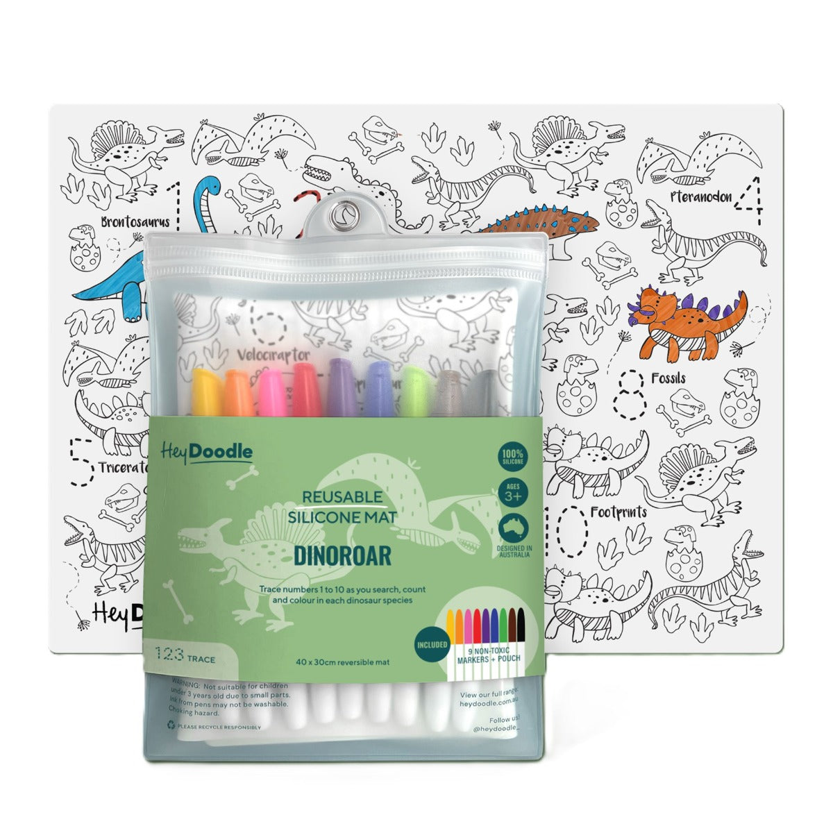 Dinosaurs reusable silicone colouring and doodle mat from HeyDoodle with markers:image,small_image,thumbnail,swatch_image