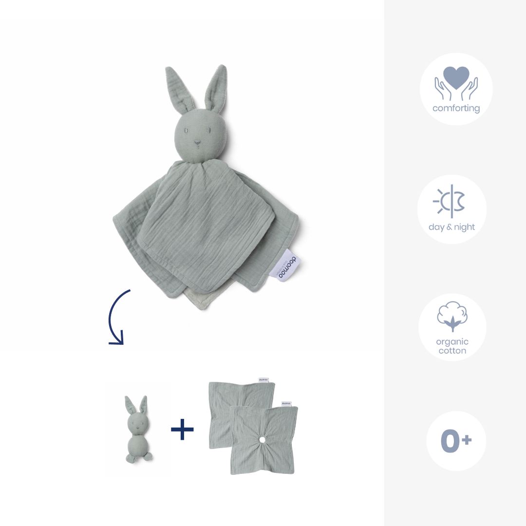 doomoo bunny detachable baby soother in sage green details