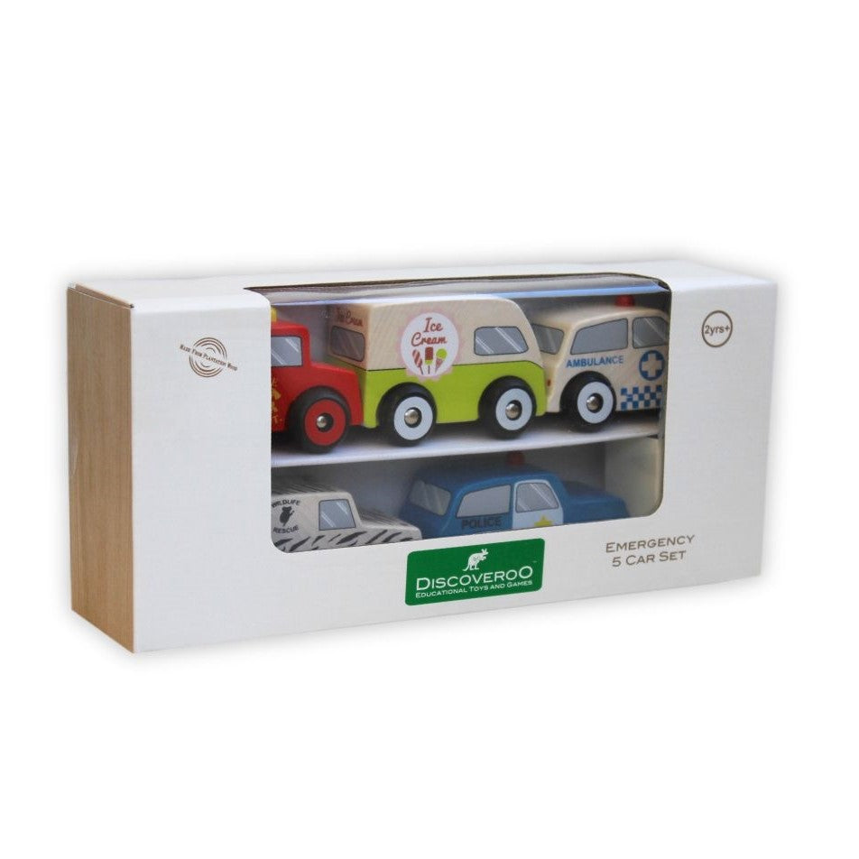 Wooden Emergency 5 Car Set, Wooden 5 Car Set, Discoveroo Wooden Emergency 5 Car Set, Discoveroo Wooden Car set Packaging
